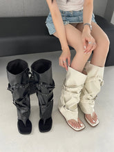 LBSFY  - Clip Toe Women Knee High Heels Black White Rivet Design White Black Flat Low Heels Knight Heeled Side Zipper Fashion Party Pumps